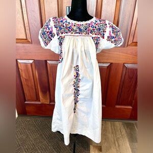 Oaxaca Mexican White Dress Multi Color Hand Embroidery Crochet Edge M/L